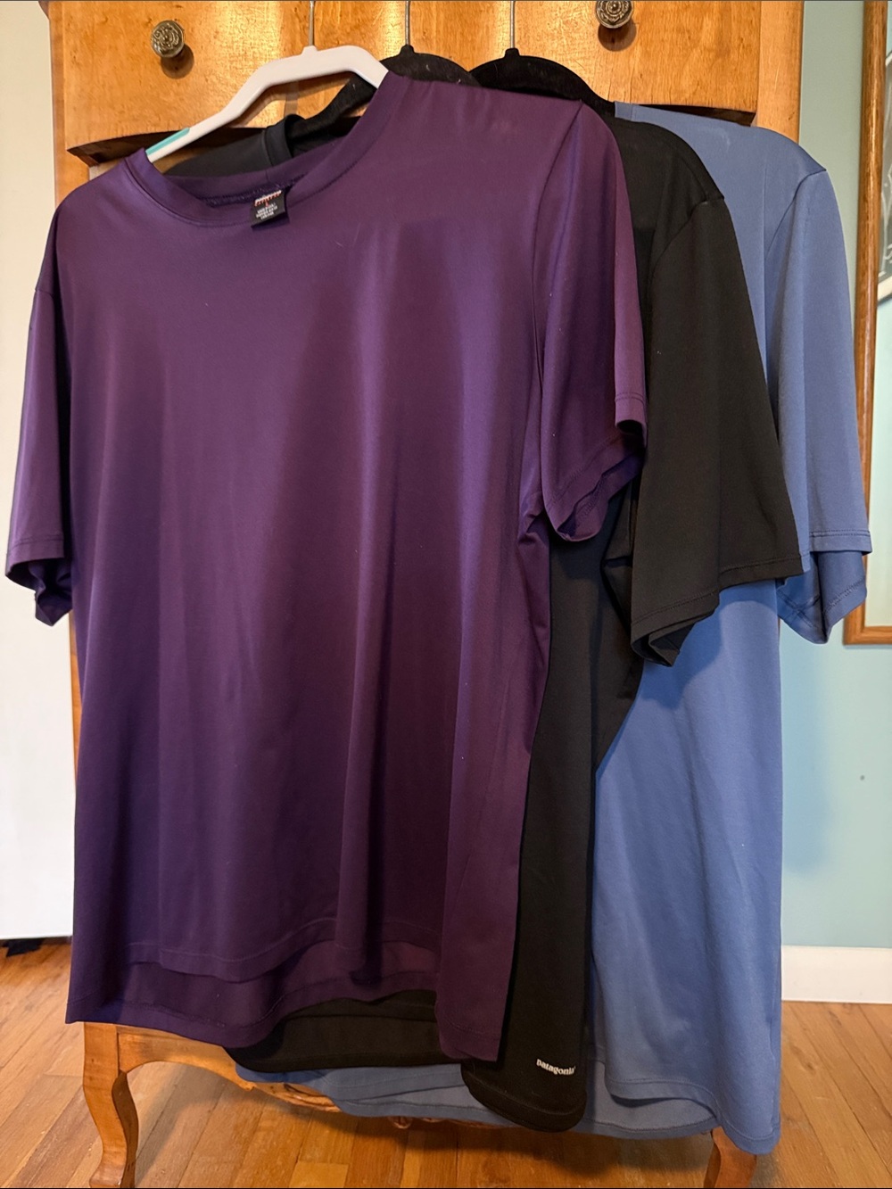 3 Men's Patagonia Cool Capiline Performance Crew Tees- blue, purple & black
